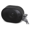 A black outdoor Bluetooth speaker with a mesh front and a patterned strap. It features control buttons on top.