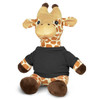 A plush giraffe toy in orange and brown with a black shirt, featuring large eyes and a friendly expression.
