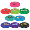 A set of colourful frisbees in various shades including pink, green, blue, and purple, each featuring different logos.