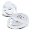 A white selfie phone light with a circular design, featuring a logo on the front and a clip for attachment.