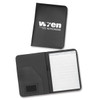 A black portfolio featuring a logo, with an interior pocket and a lined notepad.