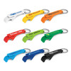 A drink bottle opener key ring set featuring various colours: white, orange, green, blue, and black, with branding on each.