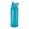 A drink bottle in bright aqua with a blue lid and straw, featuring a textured grip and a logo.