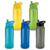 A drink bottle collection featuring blue, yellow, green, and grey bottles. Each bottle has a spout and a textured body.