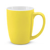 A bright yellow coffee mug with a white interior and a sturdy handle.