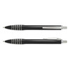A black plastic pen with silver accents and a clip, featuring striped detailing on the barrel.