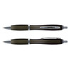 A translucent black plastic pen with chrome accents, featuring a sleek design and a clip.