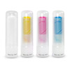 Four colourful zinc sticks in white containers, featuring yellow, pink, and blue products inside, all with branding.