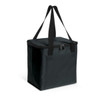A dark green cooler bag with a zippered top and black handles. It features a simple design and has a side pocket.