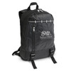 A black backpack with a textured design and a logo, featuring a zippered front pocket and padded straps.