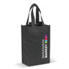 A black tote bag designed to hold two wine bottles, featuring sturdy handles and a logo.