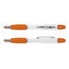 A multi-function pen with a white body and orange accents, featuring a silver clip and details.