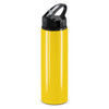 A drink bottle in bright yellow with a black flip cap and handle, featuring a logo on its surface.