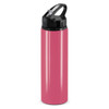 A drink bottle in vibrant pink with a black flip cap and handle. Features a smooth, glossy finish.