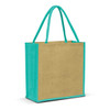 A jute tote bag in natural brown with teal handles and trim, featuring a blank side for branding.