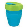 A drink bottle in blue and green, featuring a sleek design and a lid with a logo. Holds 350ml.