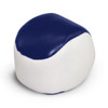 A blue and white hacky sack, round and soft, with a smooth surface and a glossy finish.