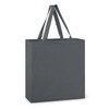 A grey cotton tote bag with two sturdy handles and a simple design. It features a branding logo.