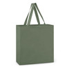 A green cotton tote bag with two sturdy handles and a simple design. It features a logo on one side.