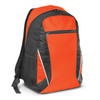 An orange and black backpack with a front zip pocket and side mesh pockets, featuring a logo.