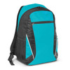 A turquoise and black backpack featuring a front zip pocket and side mesh pockets, also has a logo.