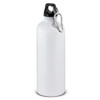 A drink bottle in white with a black cap and a carabiner clip for easy attachment.