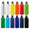 A drink bottle collection featuring 12 colours: silver, white, yellow, orange, red, green, and various shades of blue, with a logo.