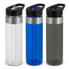 A drink bottle set featuring clear, blue, and grey bottles, each with a stainless steel band and a black lid.