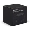 A black box containing the Auris Bluetooth speaker, featuring a minimalist design and a logo.