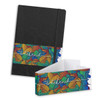 A black notebook with an elastic band featuring a colourful decorative band. Includes a matching pen.