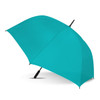 A teal sports umbrella with a black handle and a curved top for enhanced coverage. It features a branding logo.