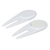 A white golf divot repairer with a built-in marker, featuring a sleek, functional design.
