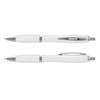 A pair of white plastic pens with chrome accents, featuring a sleek design and a smooth finish.