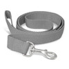 A grey dog leash with a metal clip at one end. The leash is made of durable material and is coiled neatly.