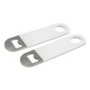 A drink bottle opener set featuring two small white openers with a stainless steel end for easy bottle opening.