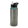 A drink bottle in clear grey plastic with a black lid and transparent straw. Features a logo on the front.
