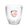 A double wall glass in clear with a logo, featuring a sleek, modern design. Suitable for various beverages.