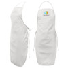 A white bib apron featuring a logo, with ties at the waist and a neck loop for adjustable fit.