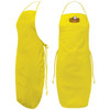 A bright yellow bib apron with an adjustable neck strap and a tie at the waist, featuring a branding logo.