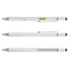 A multi-function pen featuring a ruler, level, and stylus. The pen has a sleek metal design and is available in white.