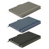 Three Meridian Notebooks in grey, blue, and dark grey, featuring elastic bands and fabric covers. Each notebook has a logo.