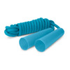 A turquoise skipping rope with soft handles, coiled neatly for storage. It features a smooth, flexible rope design.