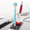 Three stylus pens with colourful pom-pom toppers in blue and red, featuring smiley face designs and a branding logo.