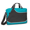 A conference satchel featuring a teal and black design with contrast piping and a detachable shoulder strap.