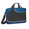 A blue and black conference satchel with a shoulder strap and handles, featuring a logo on one side.