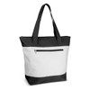 A tote bag in white and black, featuring long handles and a front zippered pocket. The bag has a logo.
