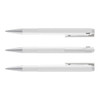 Three white plastic pens with silver accents, featuring a logo on each pen.