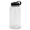 A drink bottle made of clear plastic with a black screw-on lid and a handle. It has a simple design.