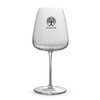 A clear glass wine glass with a ribbed design and a logo on the front, featuring a slender stem.