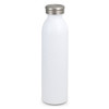 A drink bottle in white with a stainless steel lid and a sleek, minimalist design, featuring a logo.